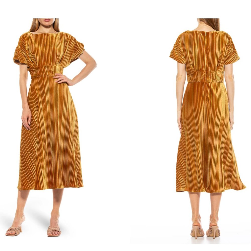 ALEXIA ADMOR Pleated Boatneck Velvet Midi Dress Gold XS